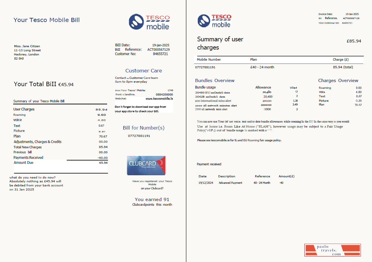 United Kingdom Tesco Mobile utility bill template in Word and PDF formats, 2 pages, version 2